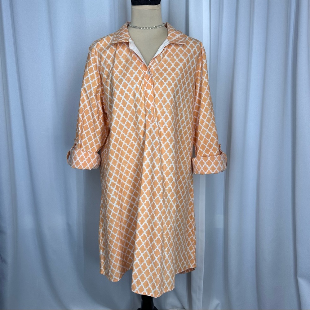Marie Eiffel Women Casual Dress‎ Sz XL Coral Hand Printed Shirtdress **FLAW